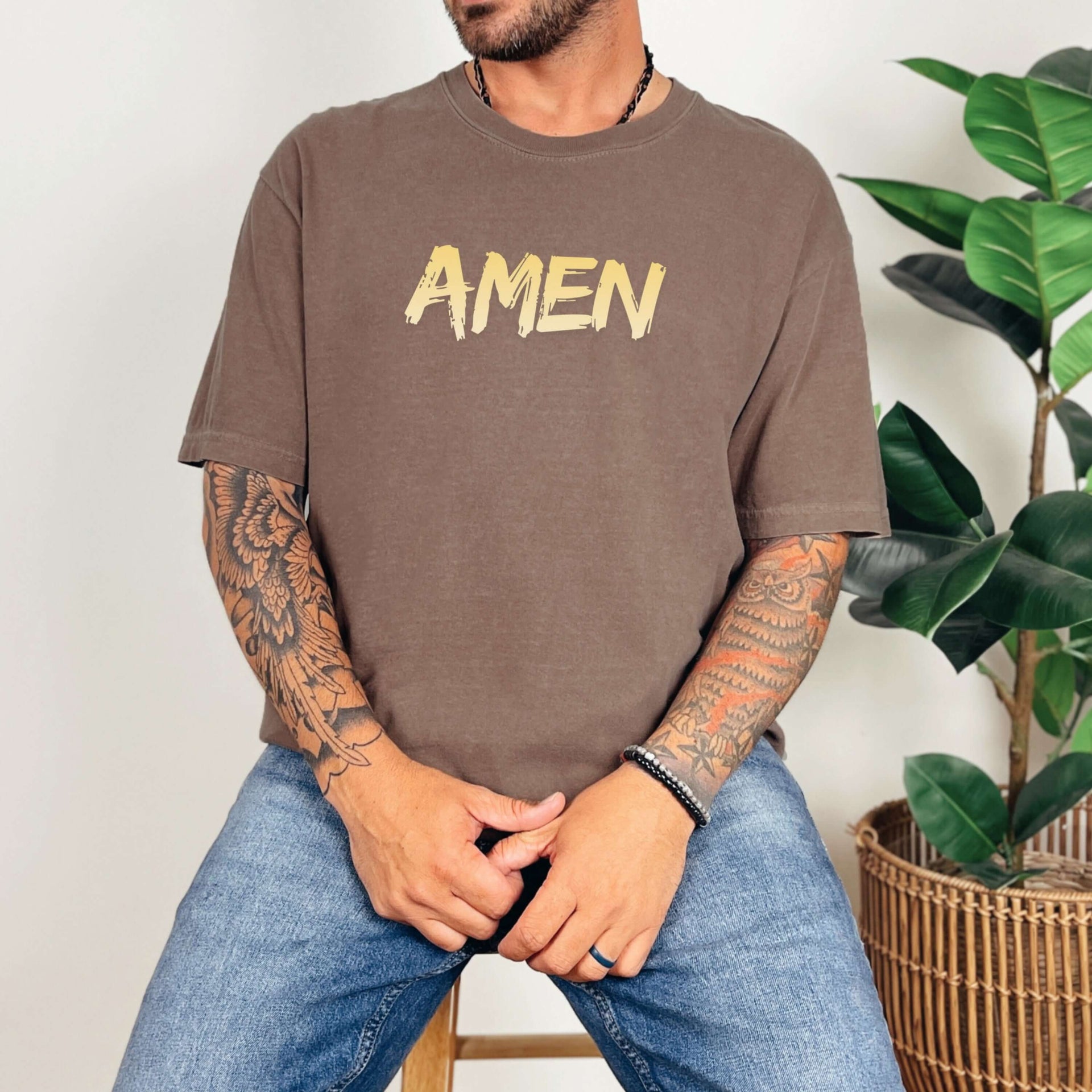 Amen Brush Stroke Text T-Shirt worn by a model, showcasing minimalist Christian design with relaxed fit.