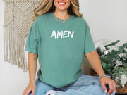 Amen Brush Stroke Unisex T-shirt in light green worn by a smiling woman, ideal for casual outings and expressing faith.
