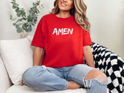 Amen Brush Stroke Unisex T-shirt in red, featuring bold 'AMEN' print, perfect for casual wear and showcasing faith.