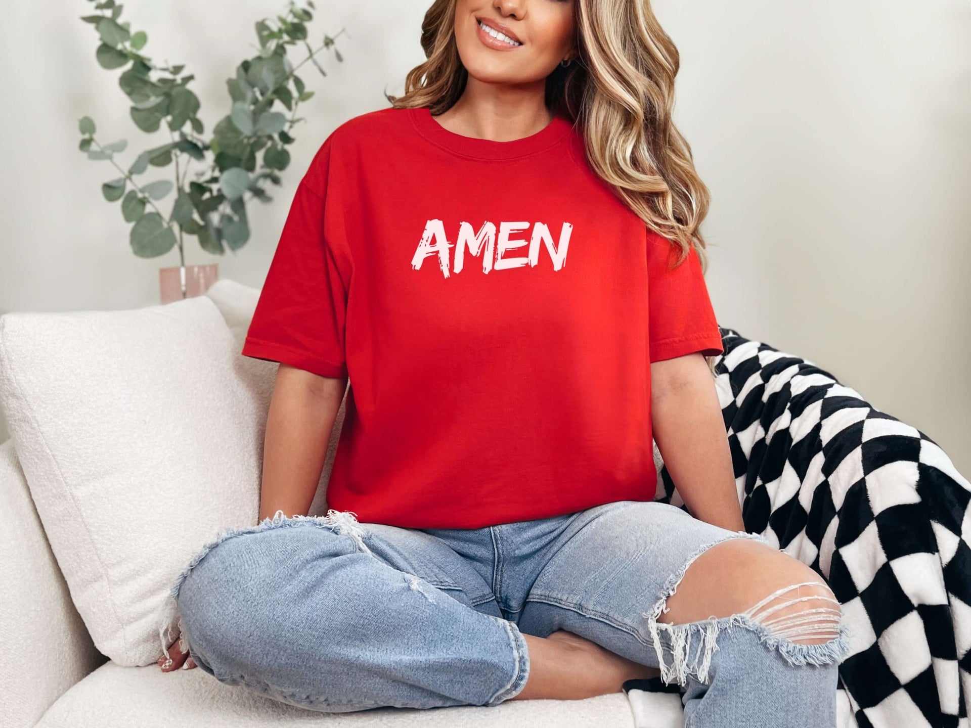 Amen Brush Stroke Unisex T-shirt in red, featuring bold 'AMEN' print, perfect for casual wear and showcasing faith.