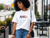 Amen Brush Stroke Unisex T-shirt worn by a woman with curly hair, showcasing bold text on a casual white tee.