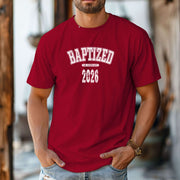 Baptized 2026 T-Shirt worn by a man, featuring red color and bold lettering celebrating baptism.