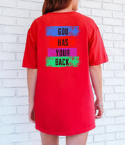 Back view of a red God Has Your Back T-Shirt featuring a colorful block design with the phrase 'God Has Your Back'.
