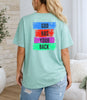 Back view of God Has Your Back T-Shirt featuring a color block design in vibrant colors.