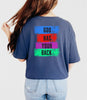 Back view of God Has Your Back T-Shirt featuring a color block design in vibrant colors.