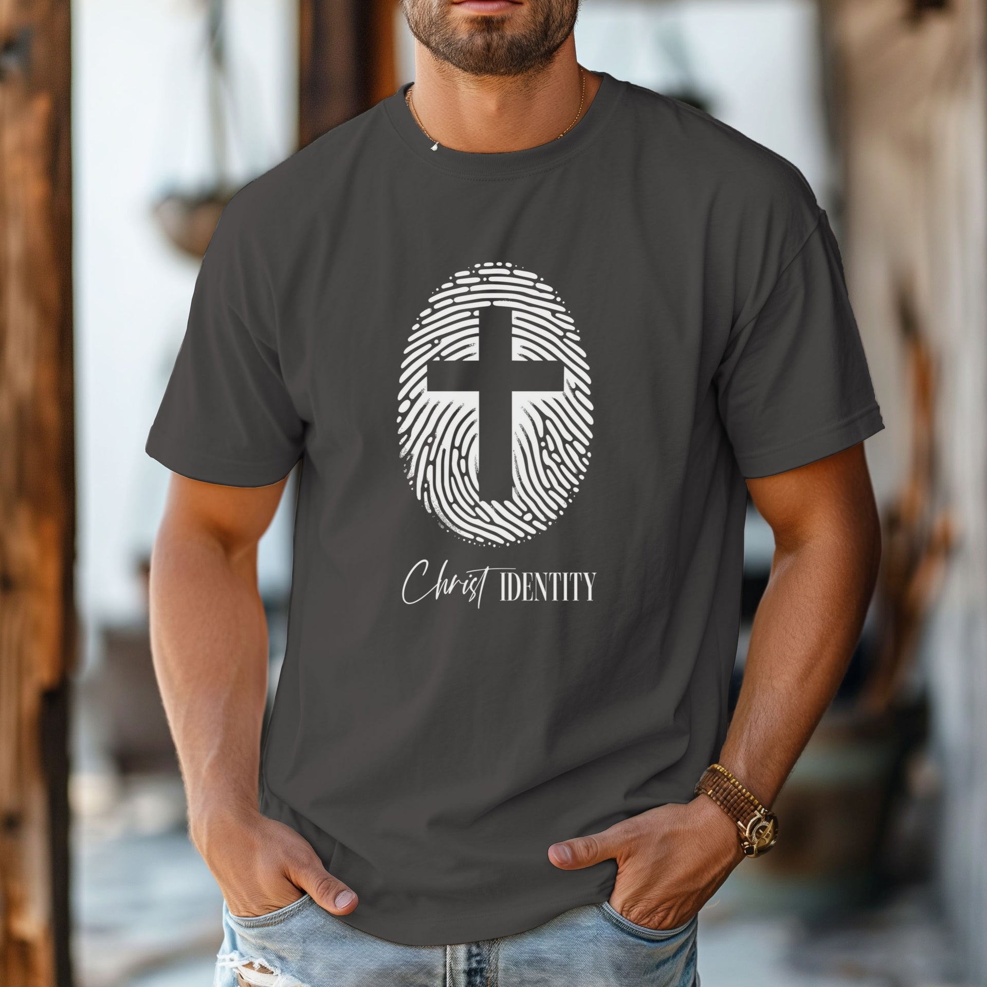 Cross Fingerprint Identity Unisex T-shirt featuring a bold fingerprint cross graphic on a pepper t-shirt.