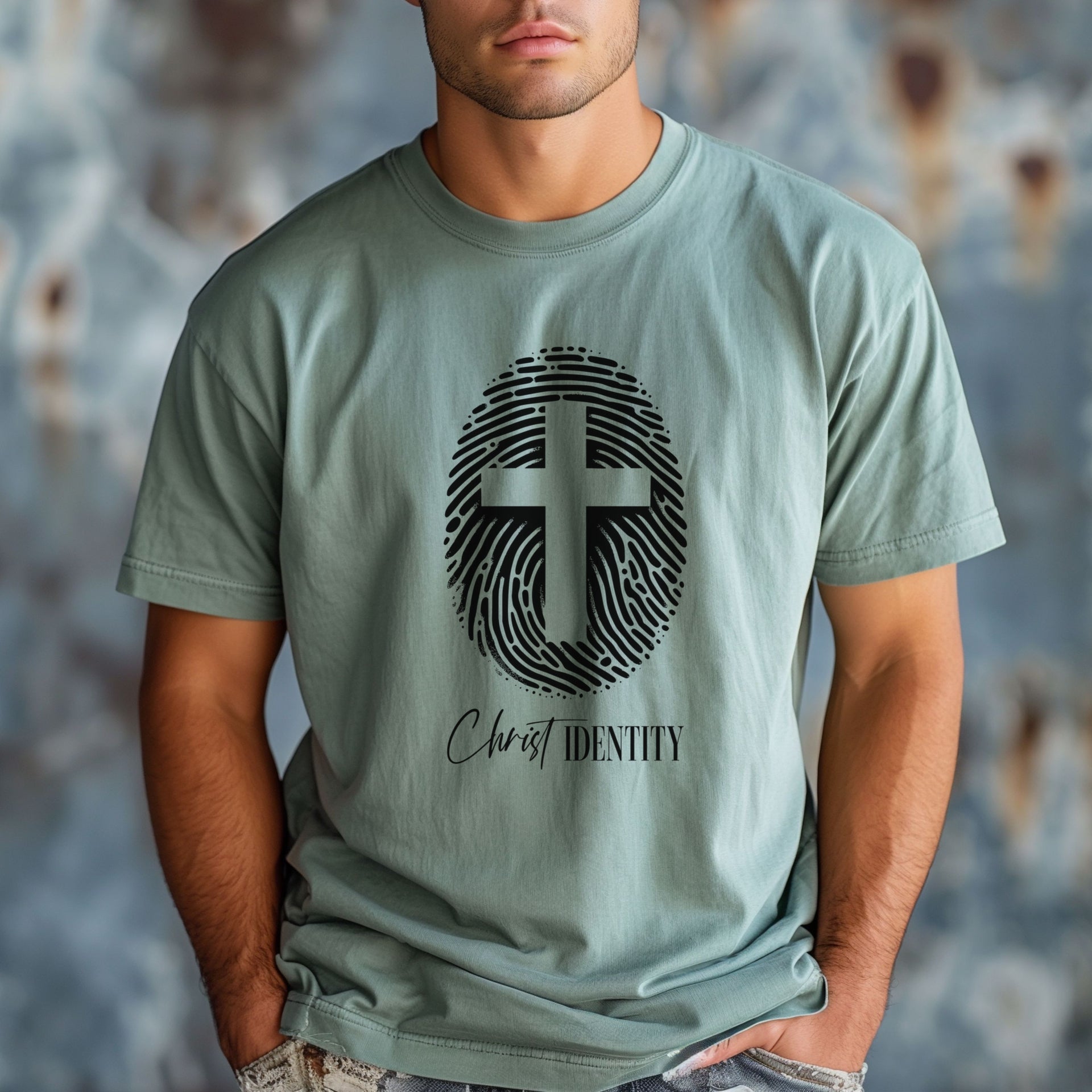 Cross Fingerprint Identity Unisex T-shirt featuring a bold fingerprint cross graphic on a bay t-shirt.