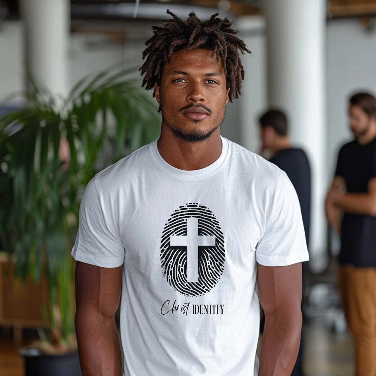 Cross Fingerprint Identity Unisex T-shirt featuring a bold fingerprint cross graphic on a white t-shirt.