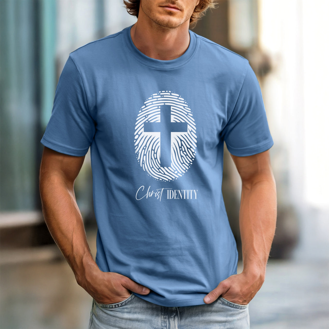 Cross Fingerprint Identity Unisex T-shirt featuring a bold fingerprint cross graphic on a blue jean t-shirt.