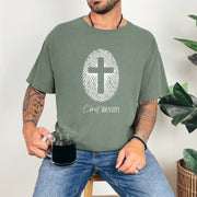 Cross Fingerprint Identity Unisex T-shirt featuring a bold fingerprint cross graphic on a moss t-shirt.
