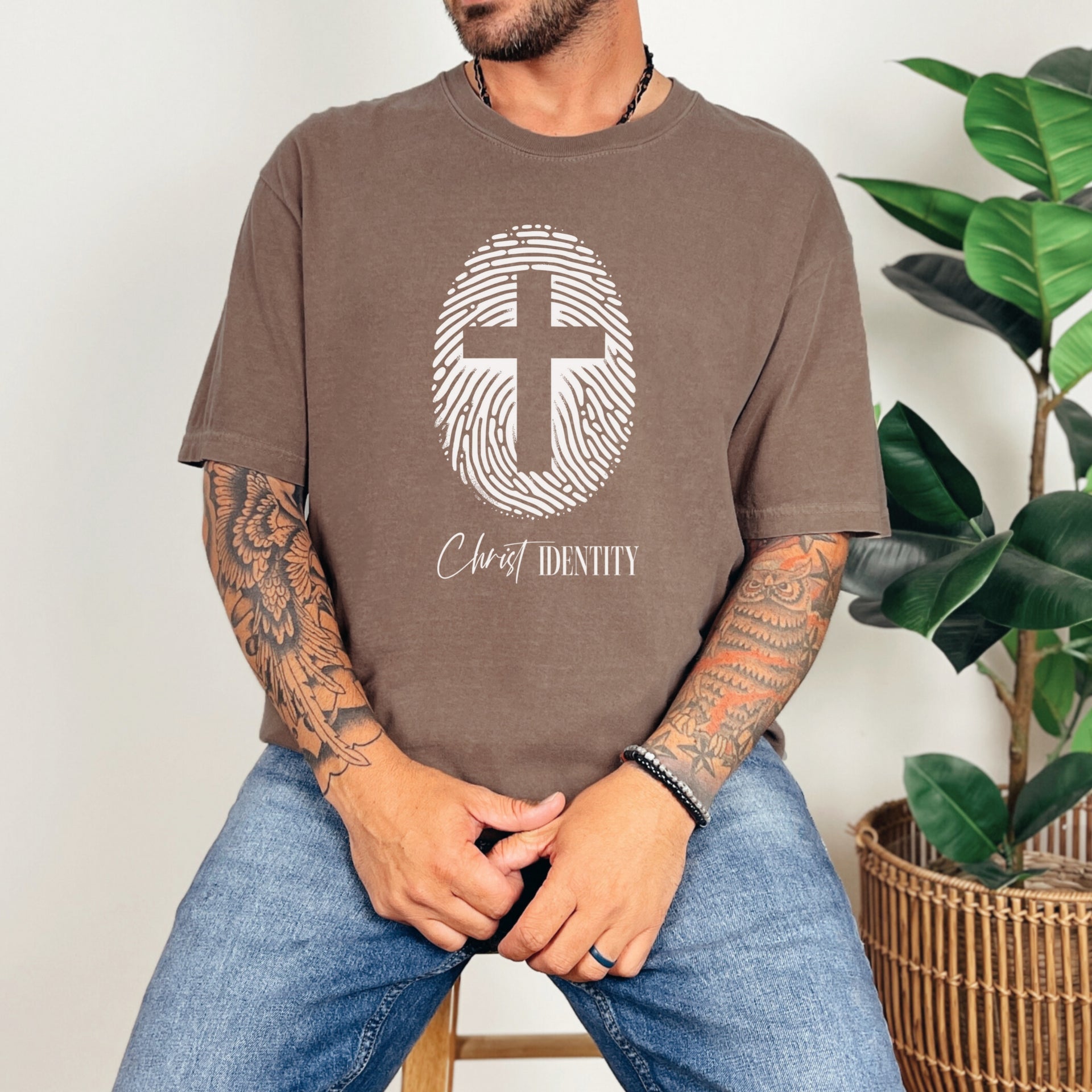 Cross Fingerprint Identity Unisex T-shirt featuring a bold fingerprint cross graphic on an  espresso t-shirt.