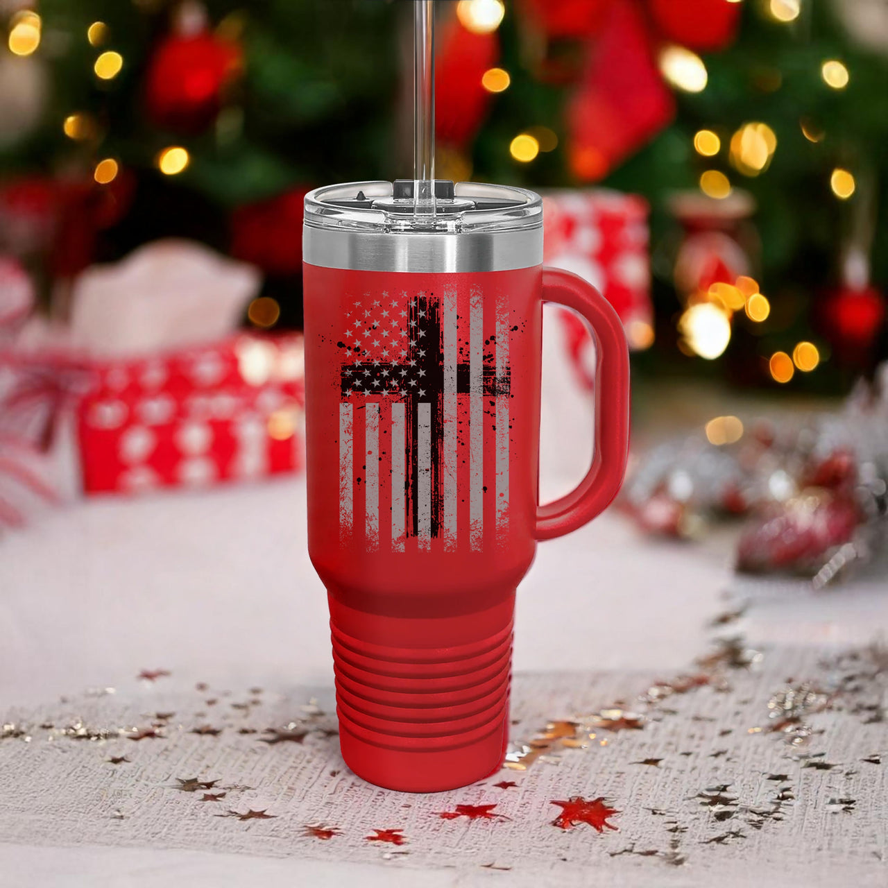 40oz Insulated Travel Mug — Flag with Cross Design