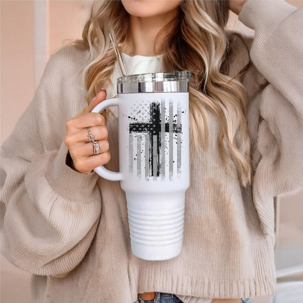 40oz Insulated Travel Mug — Flag with Cross Design