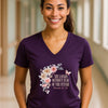 She Laughs Without Fear Of The Future V Neck Tee featuring floral design and Proverbs 31:25 inspiration