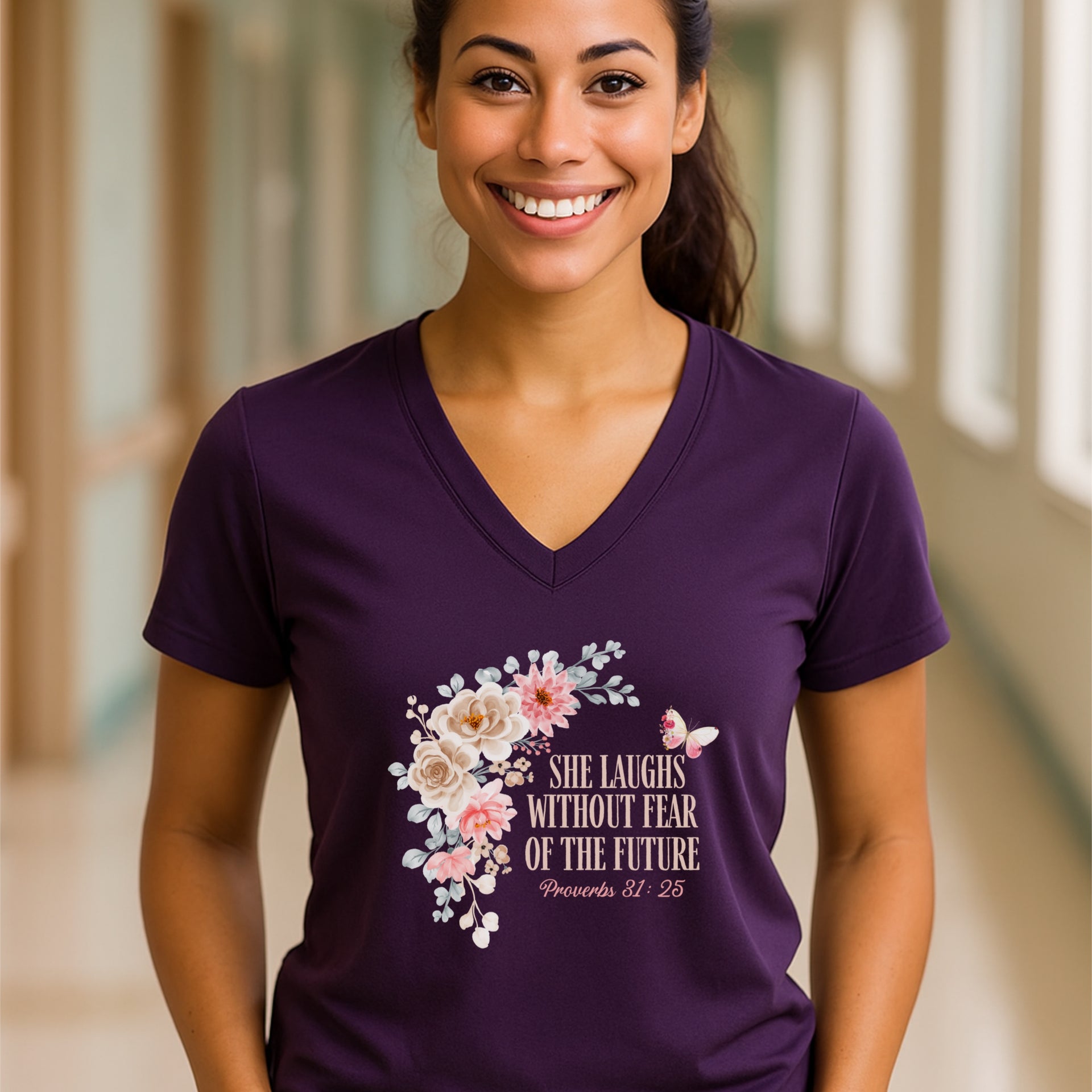She Laughs Without Fear Of The Future V Neck Tee featuring floral design and Proverbs 31:25 inspiration