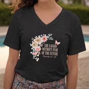 She Laughs Without Fear Of The Future V Neck Tee featuring floral design and Proverbs 31:25.
