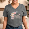 She Laughs Without Fear Of The Future V Neck Tee with floral design and Proverbs 31:25.