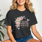 She Laughs Without Fear Of The Future Crop Tee featuring floral design and Proverbs 31:25.