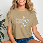 Strength And Dignity Proverbs 31 25 Butterfly Crop Tee featuring delicate butterfly graphic on a bone crop shirt.