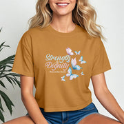 Strength And Dignity Proverbs 31 25 Butterfly Crop Tee featuring colorful butterfly graphic on a camel crop tee.