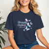 Strength And Dignity Proverbs 31 25 Butterfly Crop Tee featuring a butterfly graphic on a navy shirt worn by a smiling woman.