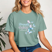 Strength And Dignity Proverbs 31 25 Butterfly Crop Tee featuring a butterfly graphic on a green crop tee.