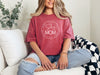 She Is Mom Circle Script T Shirt displayed on a model, showcasing its soft fabric and circular script design.