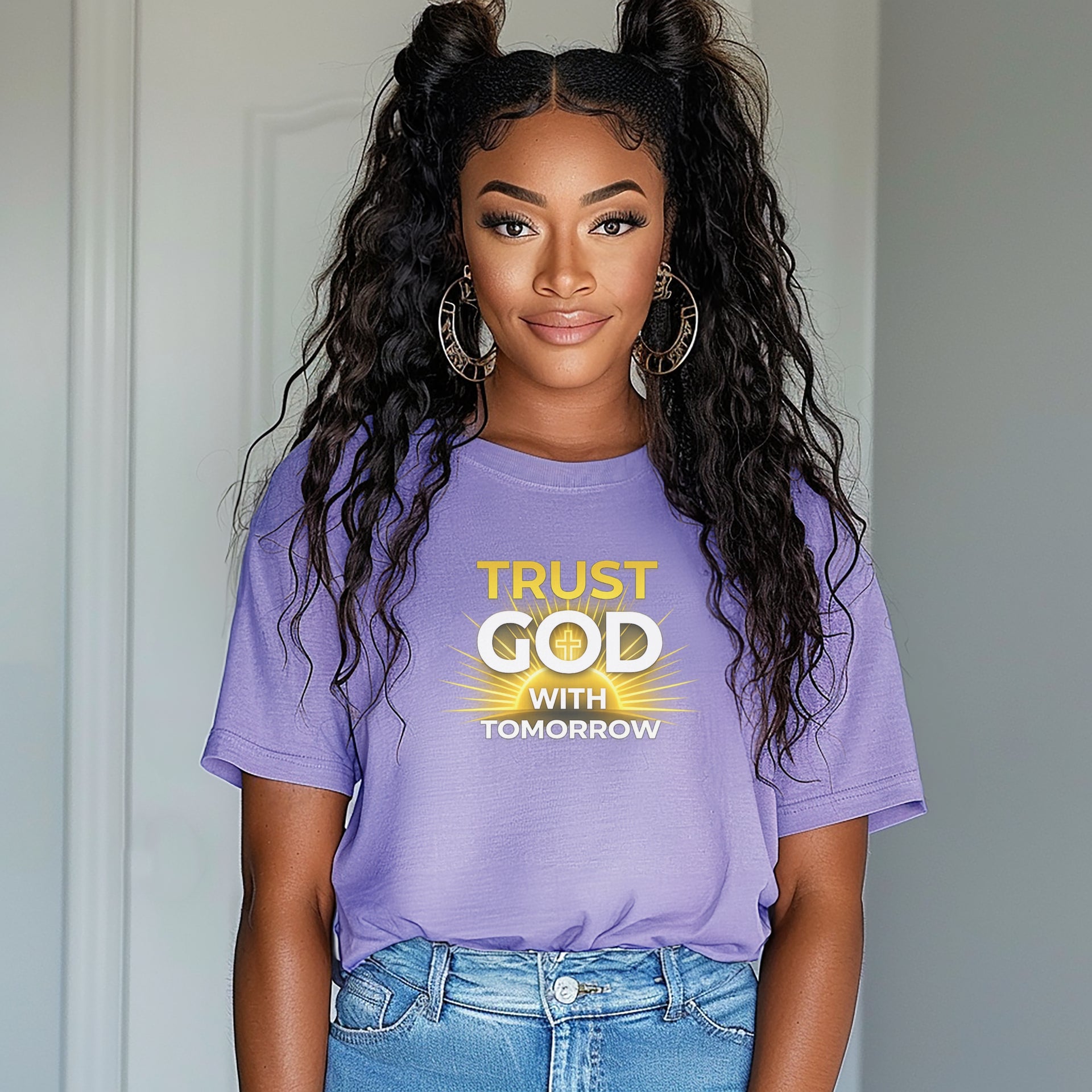 Trust God With Tomorrow T-Shirt featuring a woman wearing a purple shirt with the message displayed.