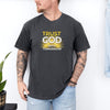 Man wearing Trust God With Tomorrow T-Shirt, featuring bold inspirational text and a stylish design.