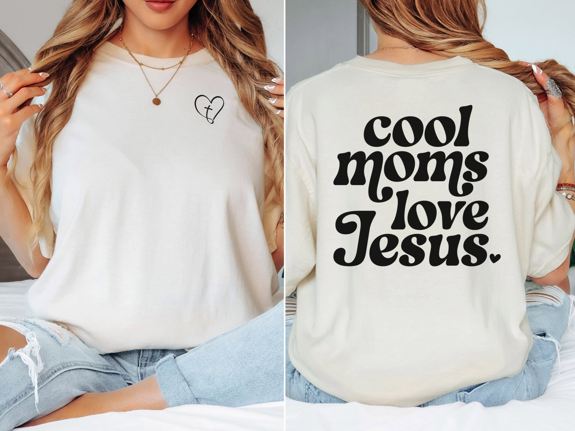 Cool Moms Love Jesus T Shirt showcasing modern design with heart art and text on back, perfect for stylish moms of faith.