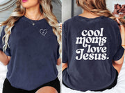 Cool Moms Love Jesus T Shirt featuring heart line art design and stylish text on a soft fabric.