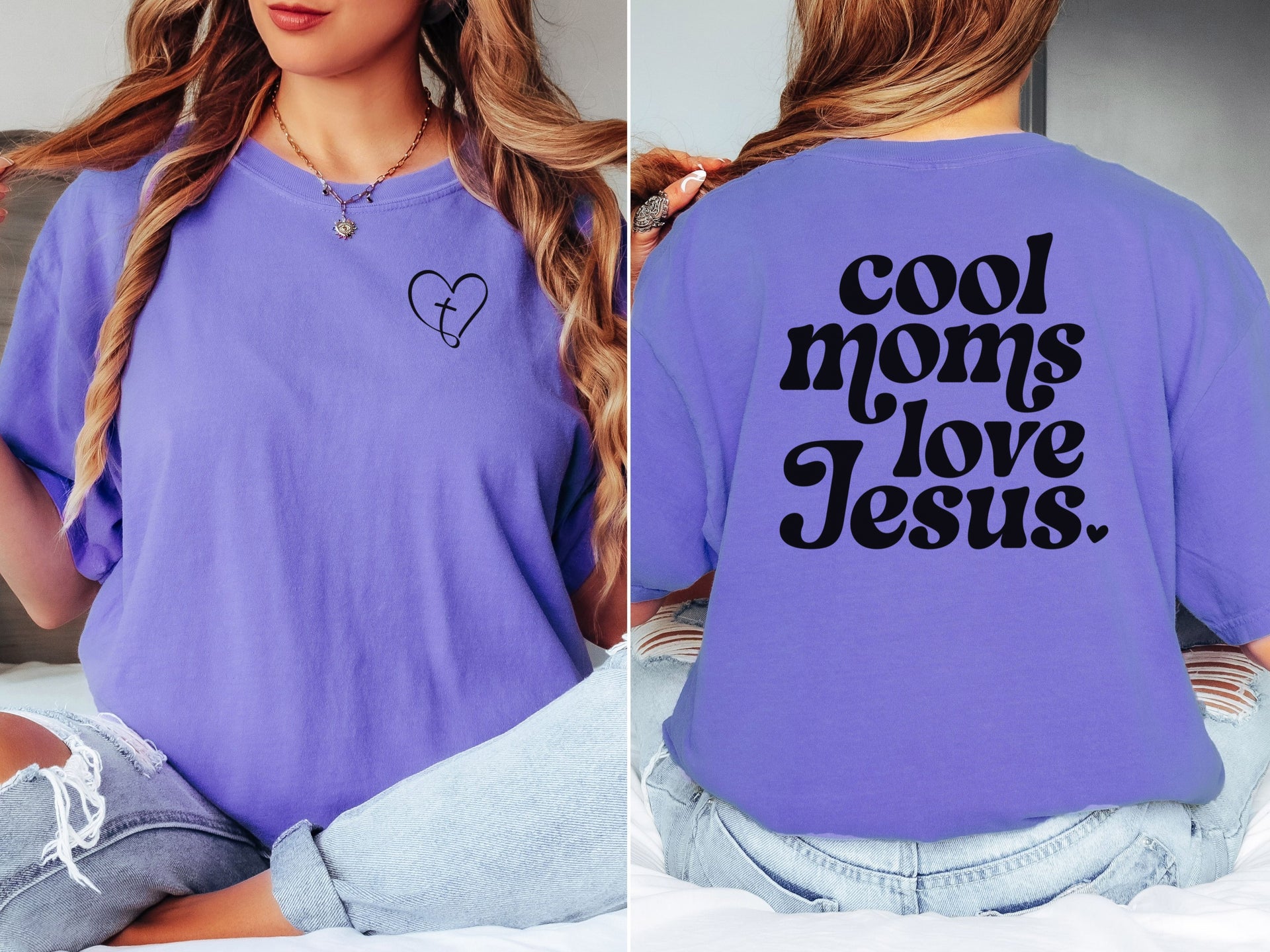 Model wearing a purple Cool Moms Love Jesus T Shirt with heart design, showcasing trendy mom life.