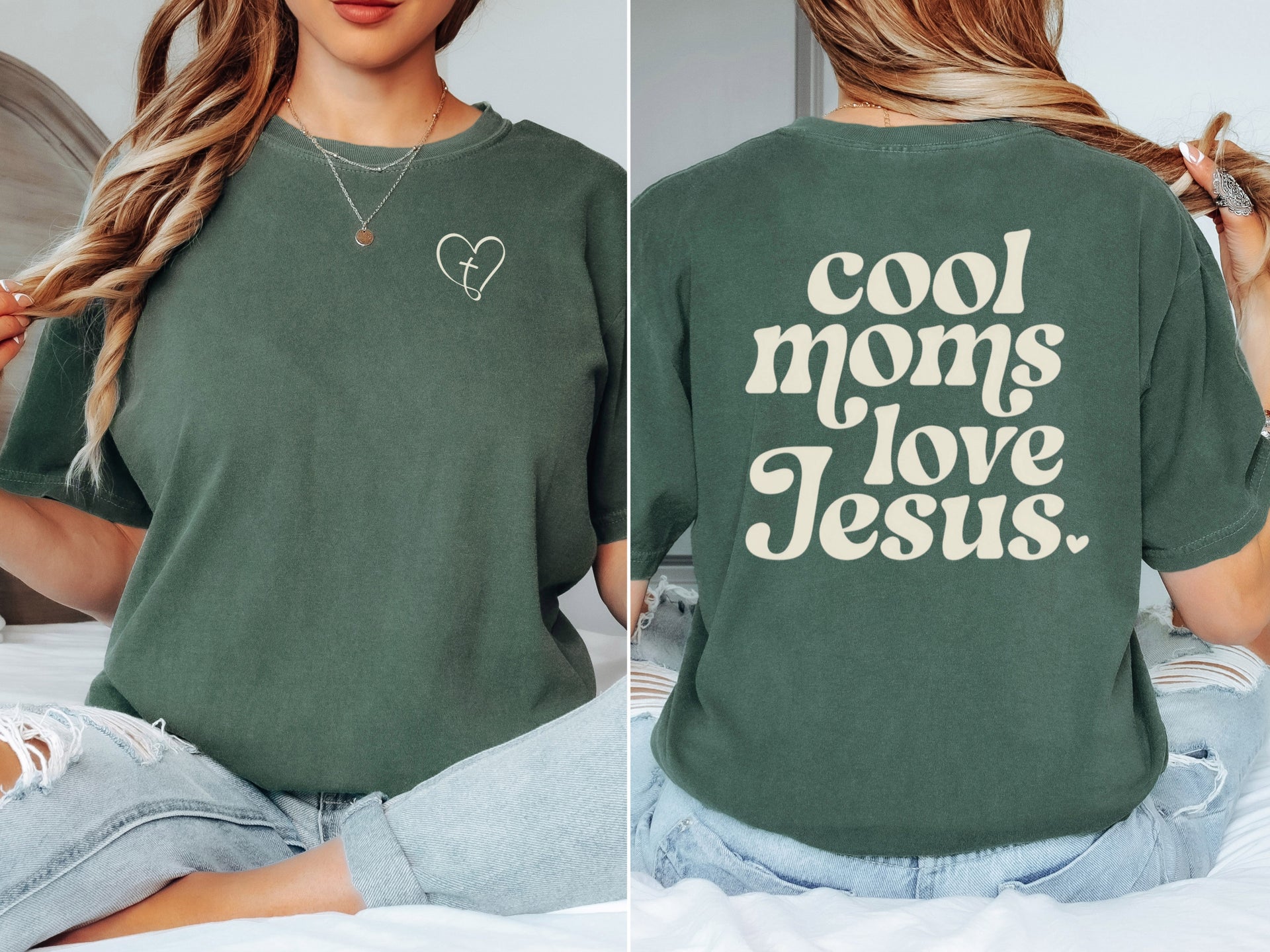 Woman wearing a Cool Moms Love Jesus T Shirt with heart design in light green color, showcasing trendy faith-focused style.