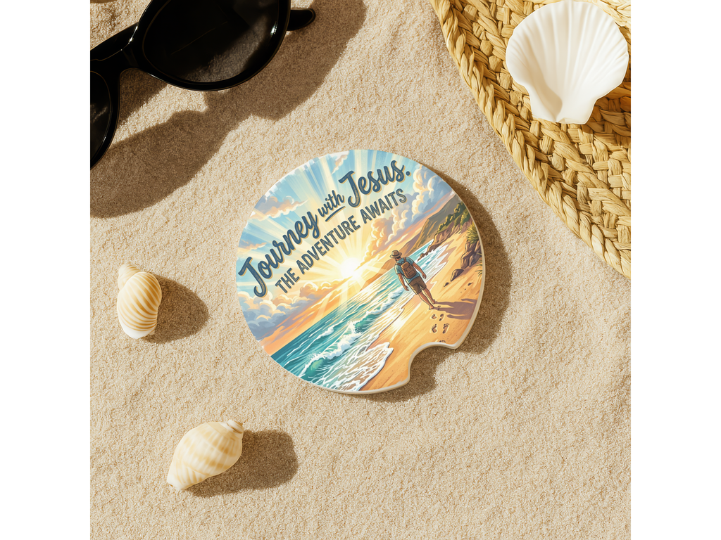 Journey With Jesus Adventure Awaits Car Coaster featuring a beach scene with inspirational text.
