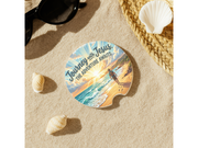 Journey With Jesus Adventure Awaits Car Coaster featuring a beach scene with inspirational text.
