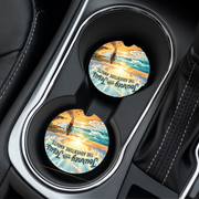 Journey With Jesus Adventure Awaits Car Coaster in a vehicle cup holder with a beach design.