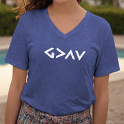 Model wearing a God Is Greater Than Highs And Lows V Neck Tee with a geometric symbol design.