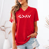 God Is Greater Than Highs And Lows V Neck Tee in red, featuring a geometric symbol design representing faith.