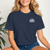 This Mama Prays Christian Crop Tee for Moms in navy, showcasing a fun and faith-inspired design for stylish moms.