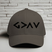 God is Greater Than Highs and Lows Embroidered Flexfit Hat in gray with bold lettering