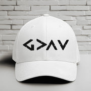 God is Greater Than Highs and Lows Embroidered Flexfit Hat on a white hat with a stylish design.