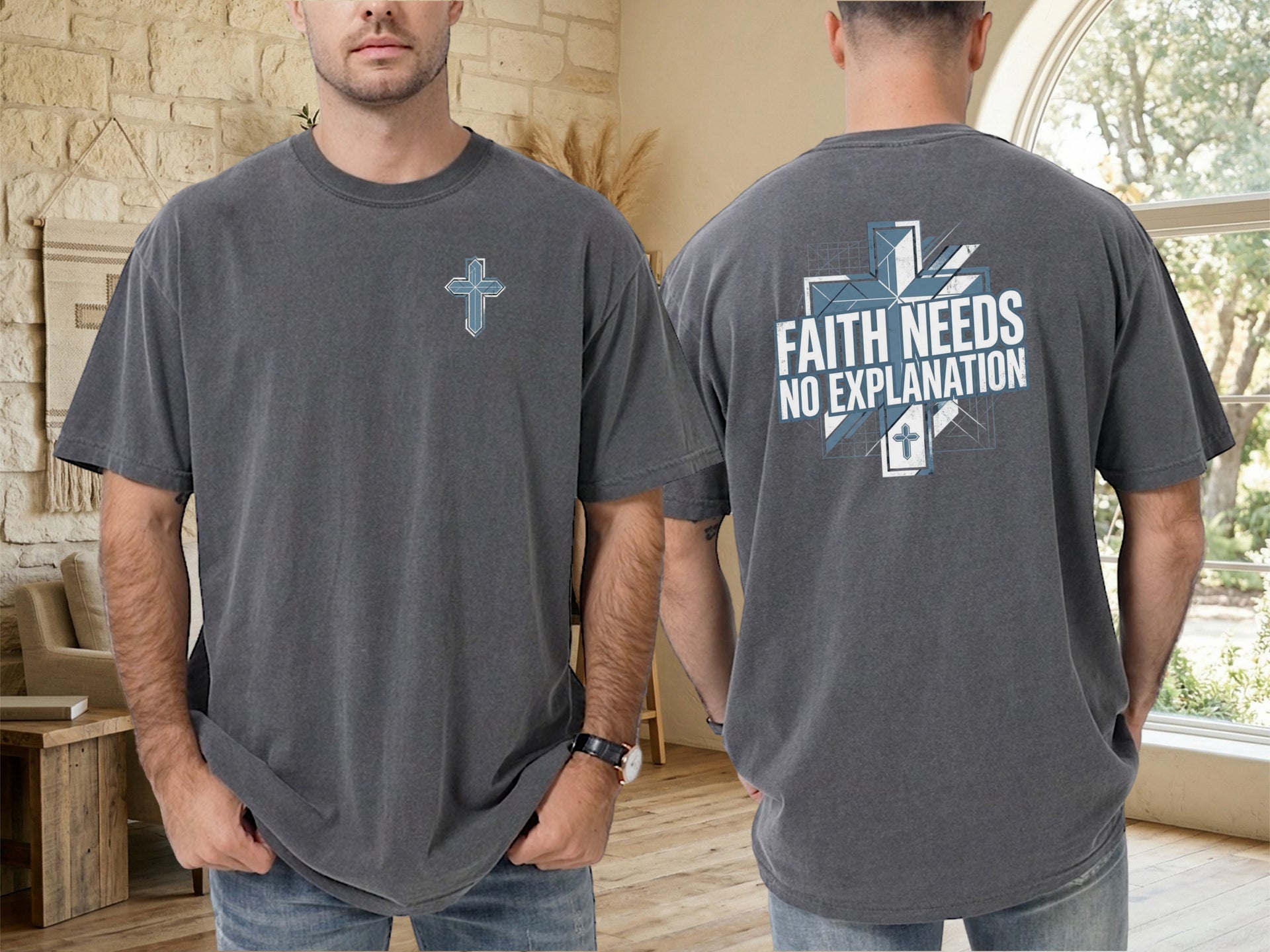 Faith Needs No Explanation T-Shirt featuring a bold design with a cross on the front and a powerful message on the back.