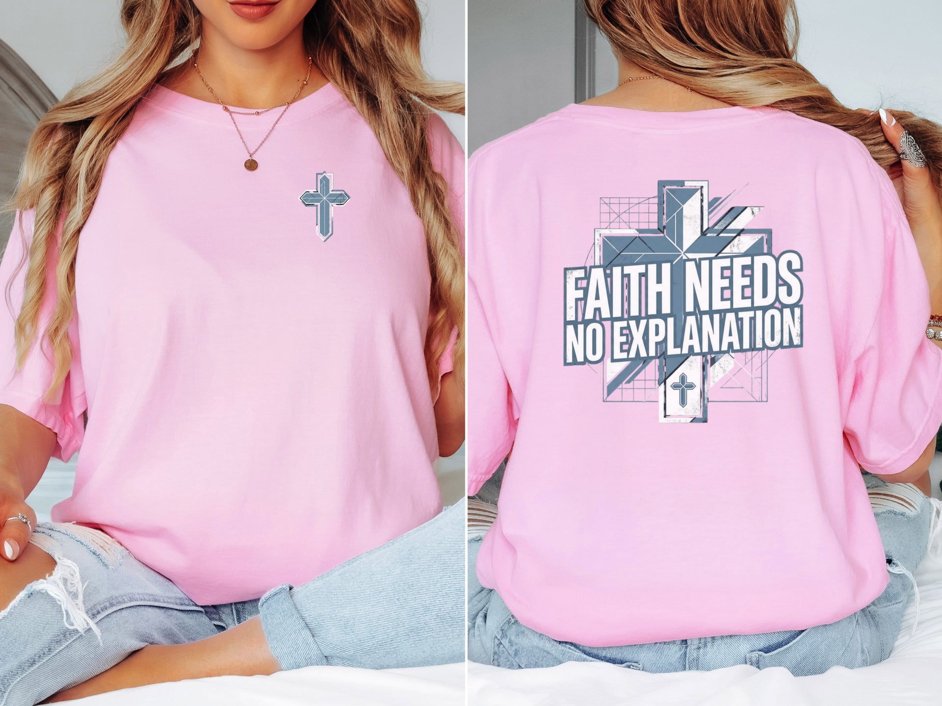 Faith Needs No Explanation T-Shirt worn by a model, showcasing a pink tee with cross graphics on front and back.