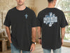 Faith Needs No Explanation T-Shirt featuring a cross design on the front and bold text on the back.
