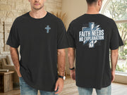 Faith Needs No Explanation T-Shirt featuring a cross design on the front and bold text on the back.