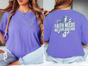 Model wearing a violet Faith Needs No Explanation T-Shirt featuring a cross design, showcasing faith and confidence.