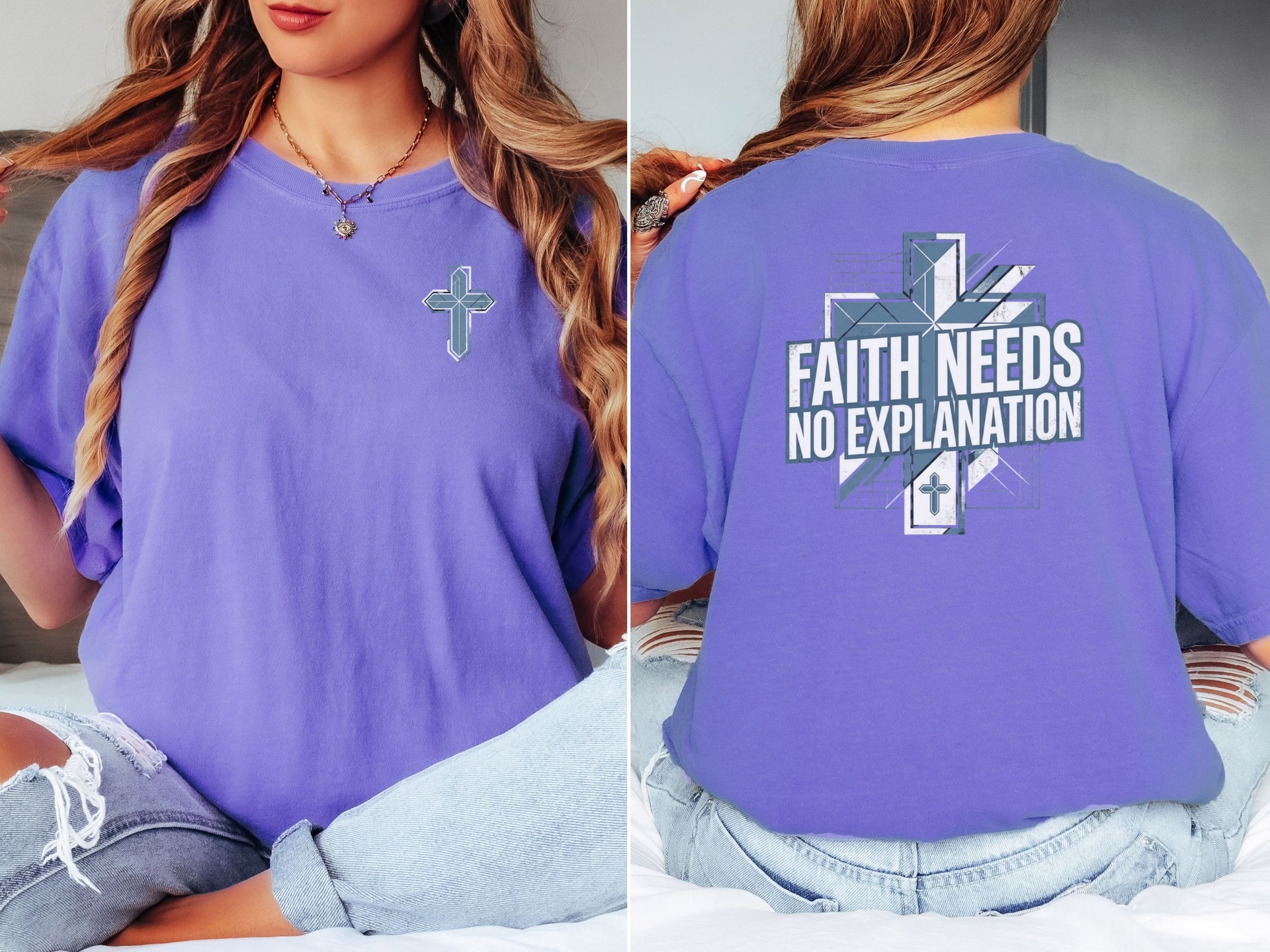 Model wearing a violet Faith Needs No Explanation T-Shirt featuring a cross design, showcasing faith and confidence.