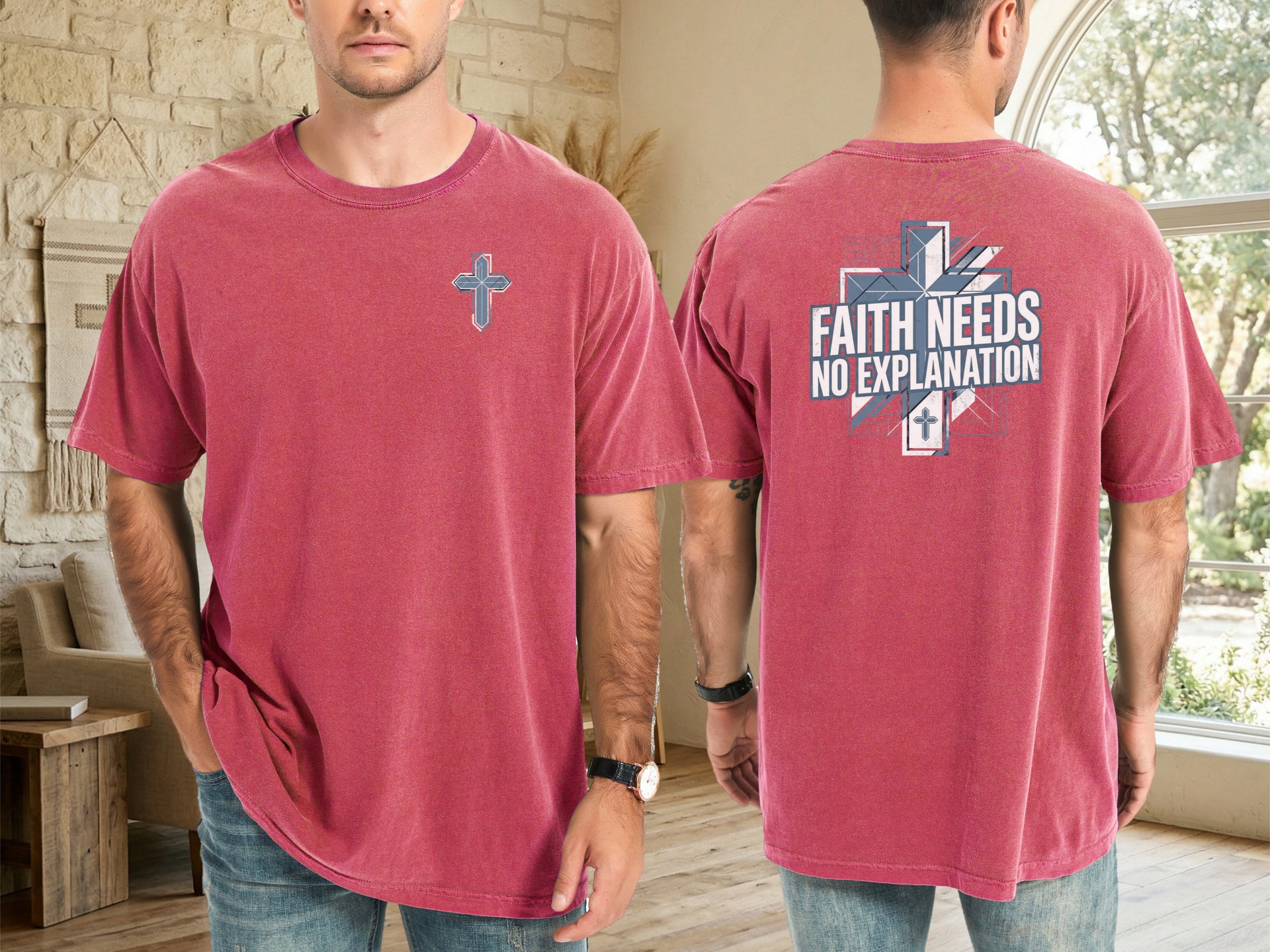 Front and back view of a yam Faith Needs No Explanation T-Shirt featuring a cross design.
