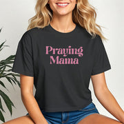 Praying Mama Crop Tee in black featuring a stylish script design, perfect for faith-filled moms.