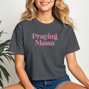 Praying Mama Crop Tee in gray with pink script design, perfect for stylish expression of faith.